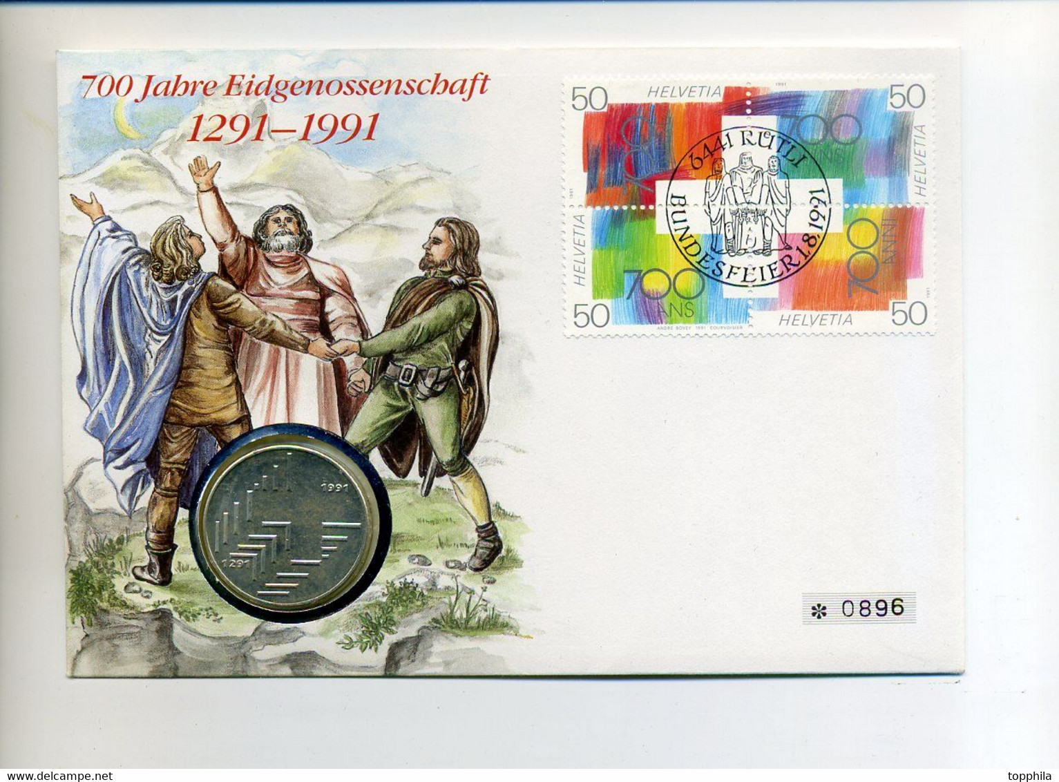 1991 Schweiz Numisbrief 700 Jahre Eidgenossenschaft Rütlischwur Mit 20 Sfr Silbermünze Confoederatio Helvetica - Pièces Commémoratives