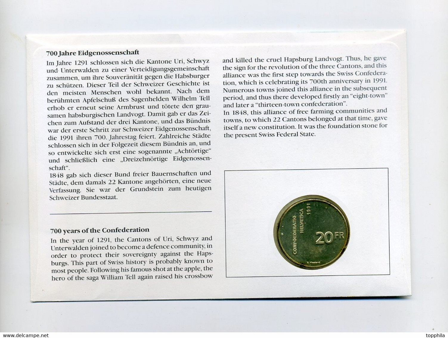 1991 Schweiz Numisbrief 700 Jahre Eidgenossenschaft Rütlischwur Mit 20 Sfr Silbermünze Confoederatio Helvetica - Commemoratives