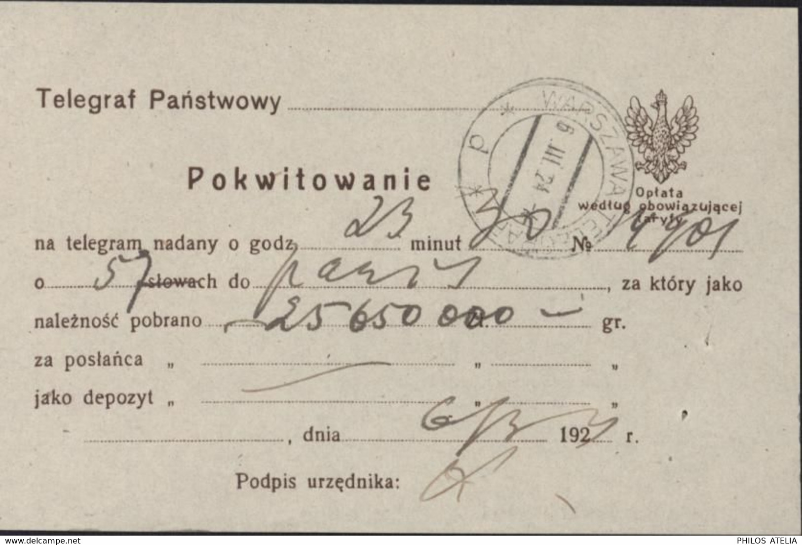 Pokwitowany Telegraf Panstwowy Pokwitowanie CAD Warszawa Telegraf D 6 III 24 Grand Aigle Inflation - Covers & Documents