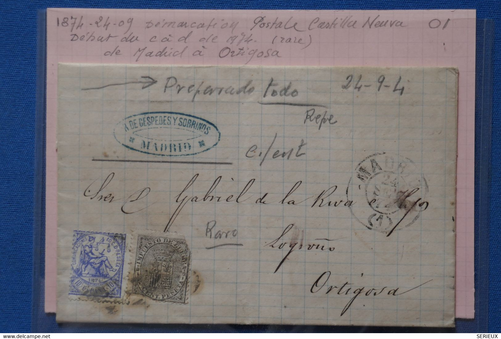 Z3 ESPANA BELLE LETTRE RARE  1874  CASTILLA NUEVA MADRID POUR ORTIGOSA  +AFFR.  INTERESSANT - Lettres & Documents