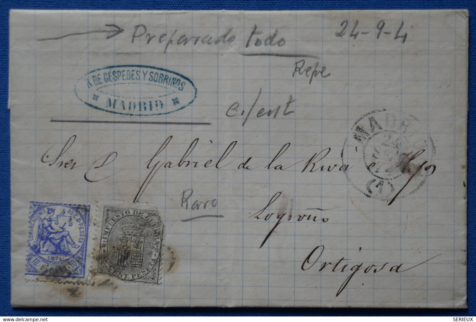 Z3 ESPANA BELLE LETTRE RARE  1874  CASTILLA NUEVA MADRID POUR ORTIGOSA  +AFFR.  INTERESSANT - Covers & Documents