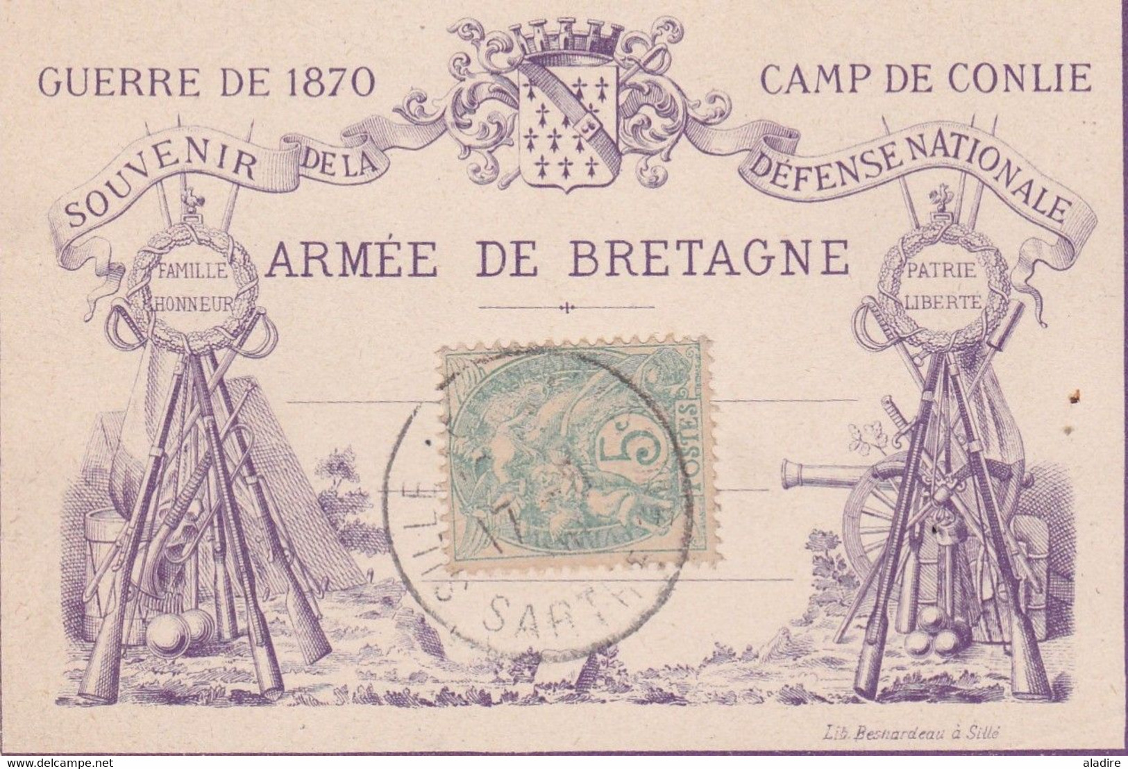 1906 - CP Fac Similé 1e CP Française Illustrée De 1870 Armée De Bretagne De Sillé, Sarthe Vers Enghien, Belgique - 1877-1920: Periodo Semi Moderno