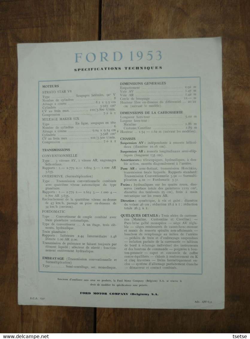 Feuillet Pubicitaire-Ford 1953 ... Données Techniques Au Verso - Auto