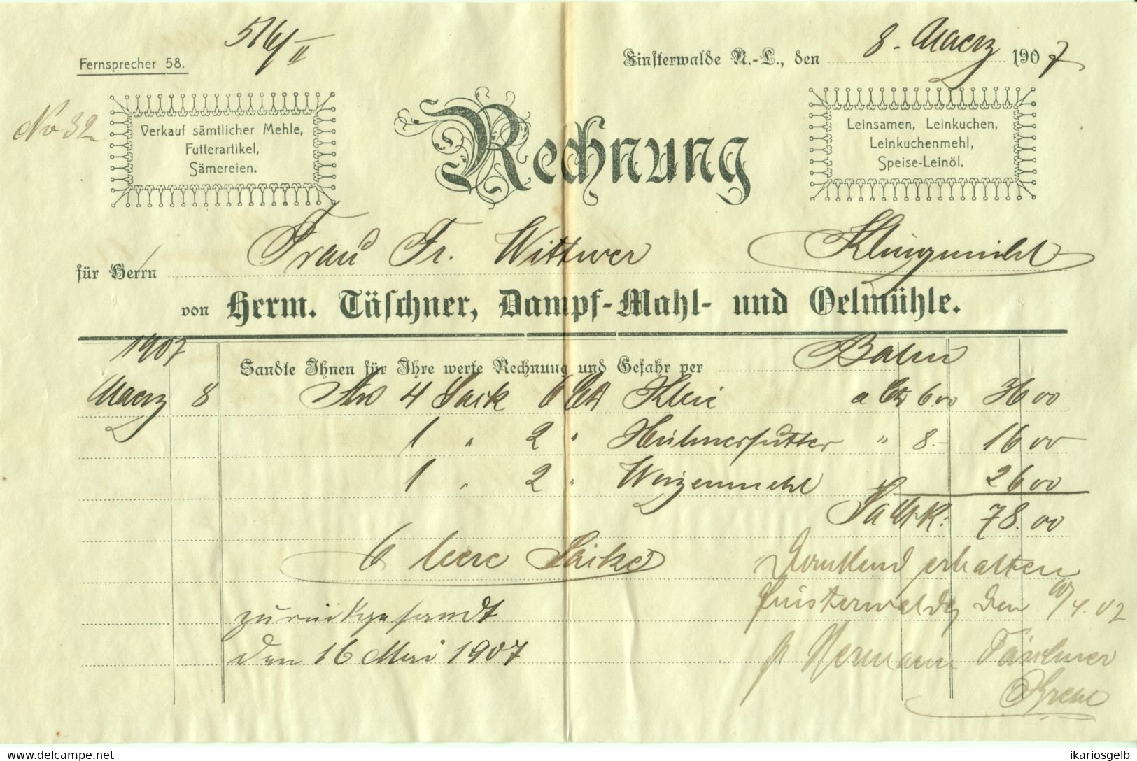 Finsterwalde Grabin Niederlausitz 1907 Rechnung Deko " H. Täschner Dampf- Mahl- Und Ölmühle " - Agricoltura