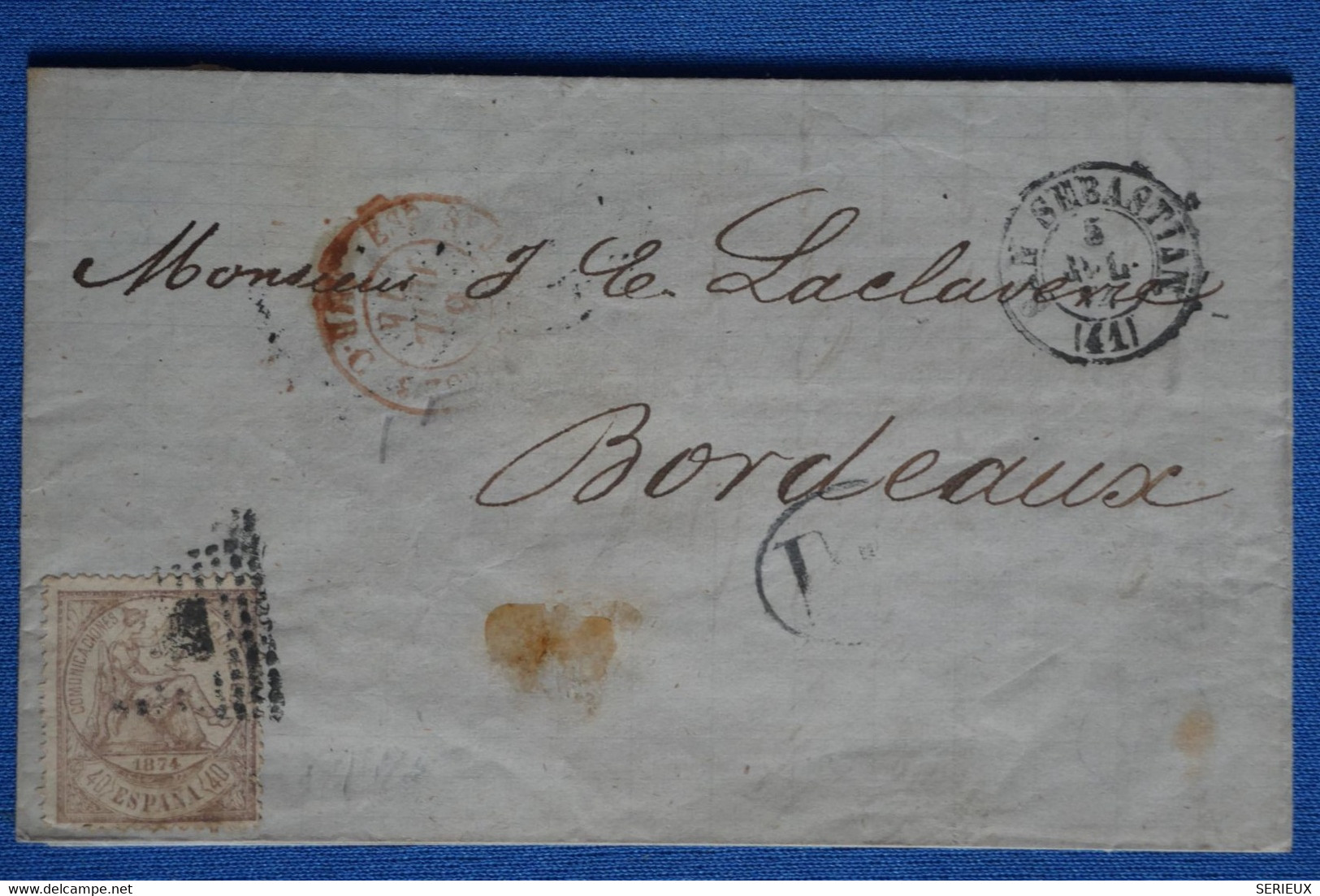 Z3 ESPANA BELLE LETTRE RARE  1874 SAN SEBASTIEN  POUR  BORDEAUX+UNIQUE 40C BRUN SUR LETTRE  ? AFFR.   INTERESSANT - Storia Postale