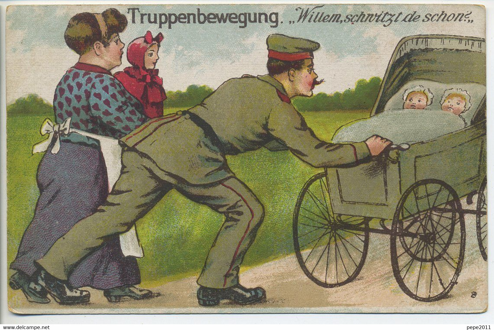 CPA TRUPPENBEWEGUNG Willem Schnvitz De Schon Illustration Femme Portant Enfant Soldat Poussant Un Landau 2  Bébés - Humour
