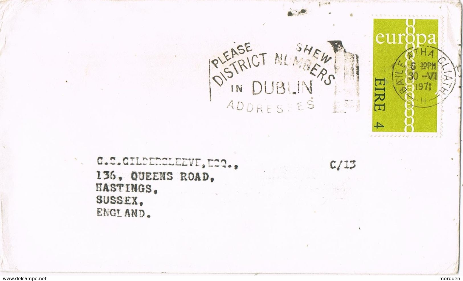 41381. Carta BAILE ATHA CLIATH (Dublin) Irlanda 1971. Slogan District Numbers. Tema EUROPA - Cartas & Documentos