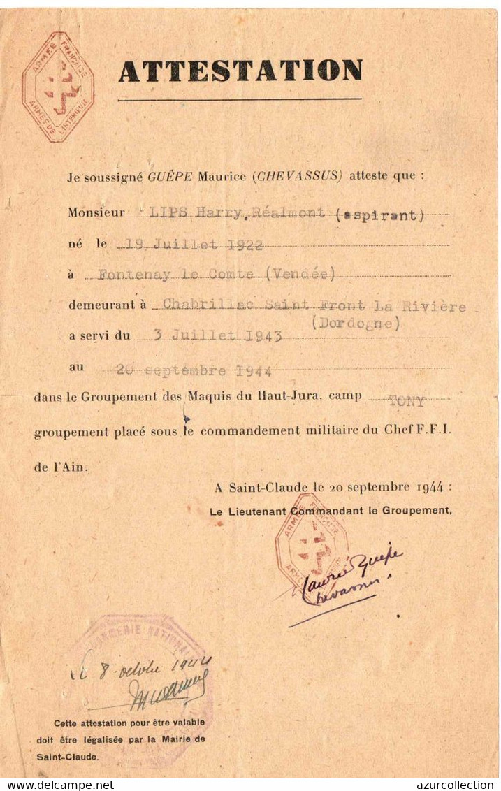 39/45. ARCHIVE FFI . MAQUIS DU HAUT JURA . CAMP TONY . LAISSEZ PASSEZ ... - Dokumente