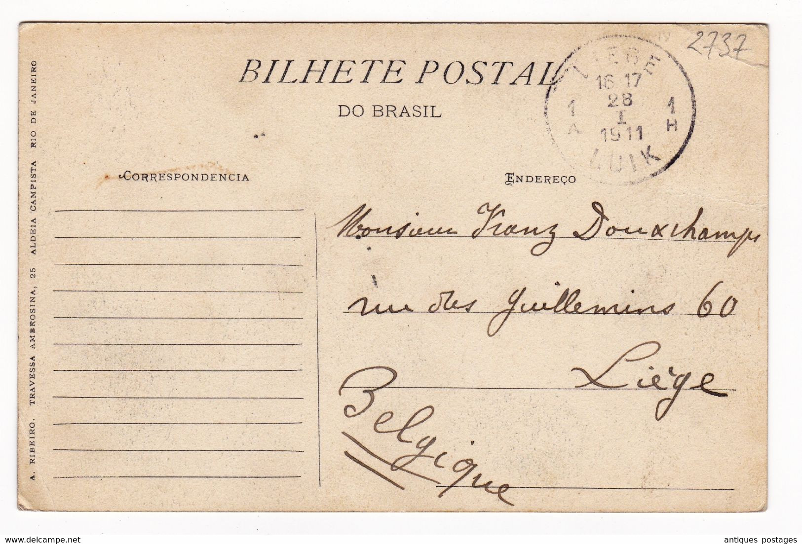 Carte Postale Rio De Janeiro 1911 Brasil Brésil Brazil Liège Belgique Pão De Açúcar - Brieven En Documenten