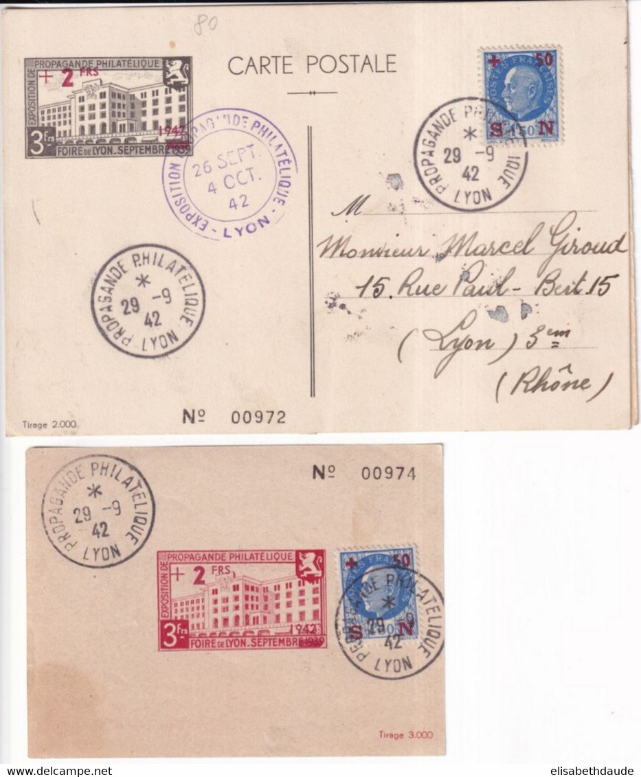 1942 - FOIRE DE LYON - CARTE SPECIALE Avec 2 BLOCS OBLITERES AU DOS ! + 1 BLOC DETACHE ! - OBLITERATION TEMPORAIRE - Exposiciones Filatelicas