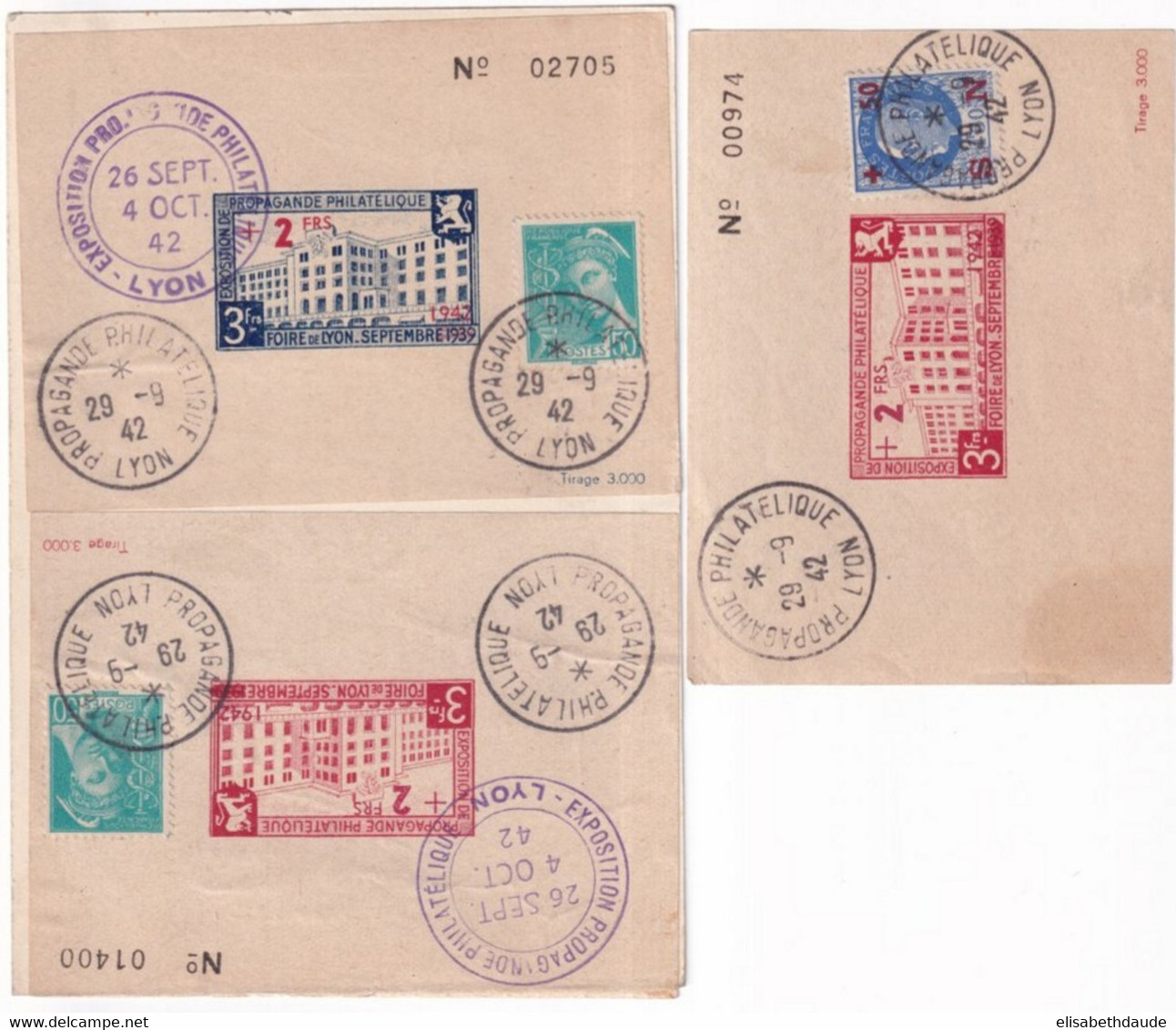 1942 - FOIRE DE LYON - CARTE SPECIALE Avec 2 BLOCS OBLITERES AU DOS ! + 1 BLOC DETACHE ! - OBLITERATION TEMPORAIRE - Briefmarkenmessen