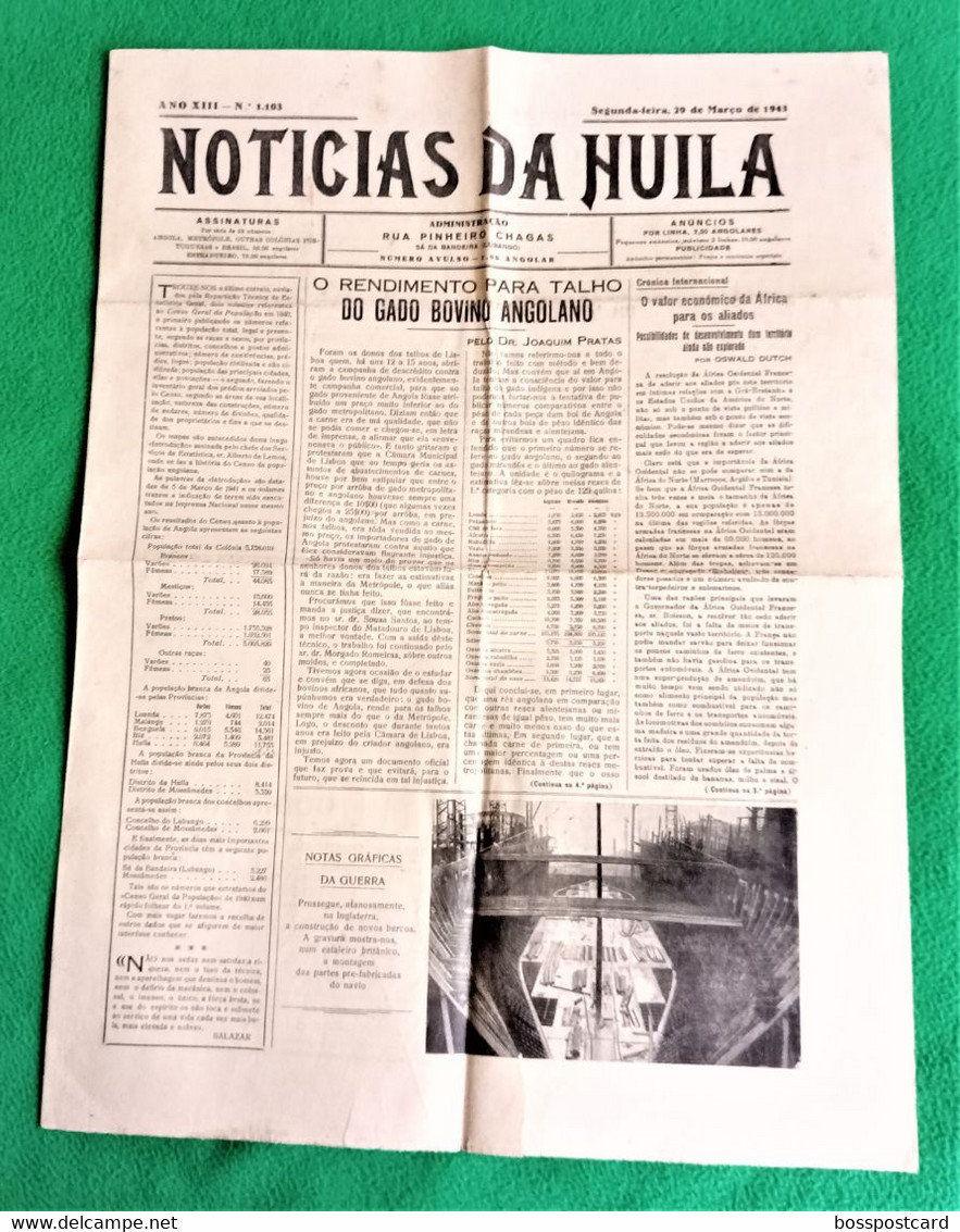 Huíla - Jornal Notícias De Huíla Nº 1103, 29 De Março De 1943 - Imprensa - Angola - Portugal. - Allgemeine Literatur