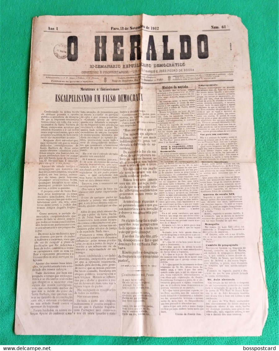 Faro - Jornal O Heraldo Nº 61, 13 De Novembro De 1912 - Imprensa - Portugal - Informations Générales