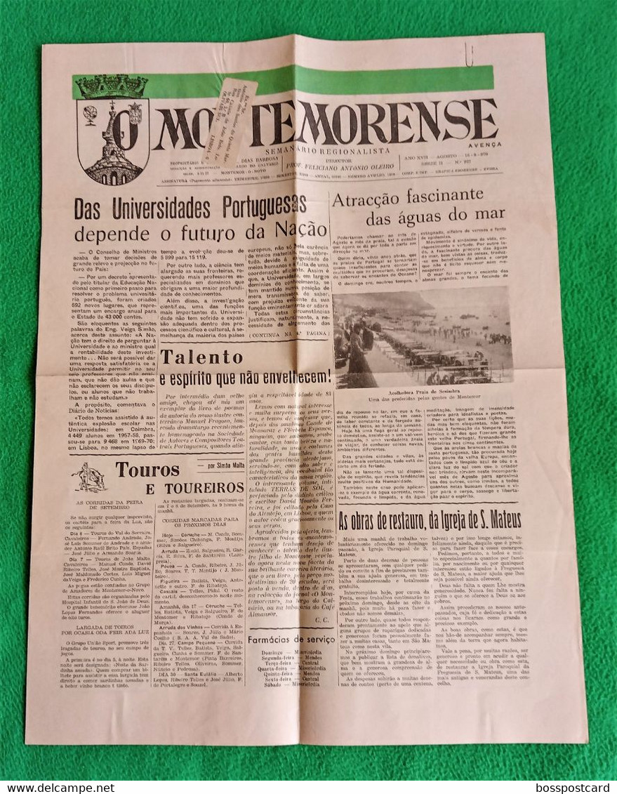 Montemor-o-Novo - Jornal Montemorense Nº 927, 16 De Agosto De 1970 - Imprensa. Évora. Portugal. - Informations Générales