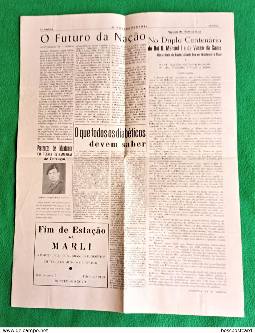 Montemor-o-Novo - Jornal Montemorense Nº 927, 16 De Agosto De 1970 - Imprensa. Évora. Portugal. - Allgemeine Literatur