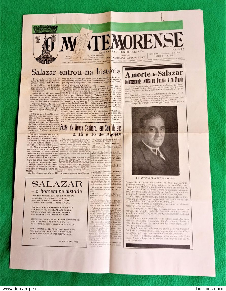 Montemor-o-Novo - Jornal Montemorense Nº 925, 2 De Agosto De 1970 - Imprensa. Évora. Portugal. - Informations Générales
