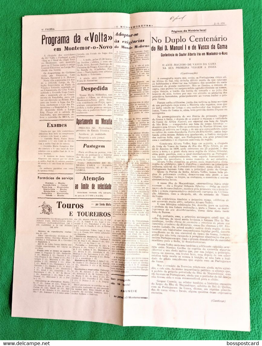 Montemor-o-Novo - Jornal Montemorense Nº 925, 2 De Agosto De 1970 - Imprensa. Évora. Portugal. - General Issues