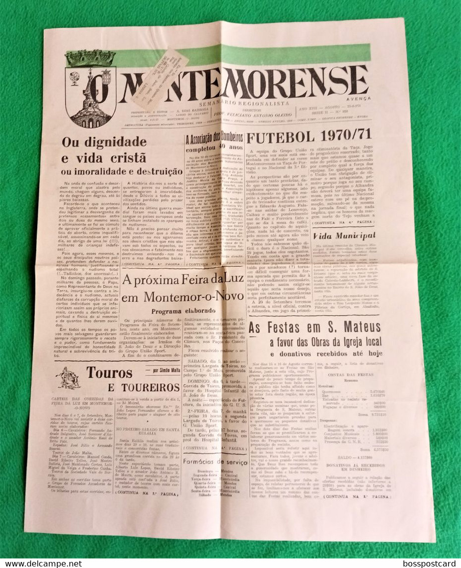 Montemor-o-Novo - Jornal Montemorense Nº 928, 23 De Agosto De 1970 - Imprensa. Évora. Portugal. - Allgemeine Literatur