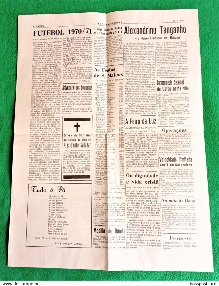 Montemor-o-Novo - Jornal Montemorense Nº 928, 23 De Agosto De 1970 - Imprensa. Évora. Portugal. - Allgemeine Literatur