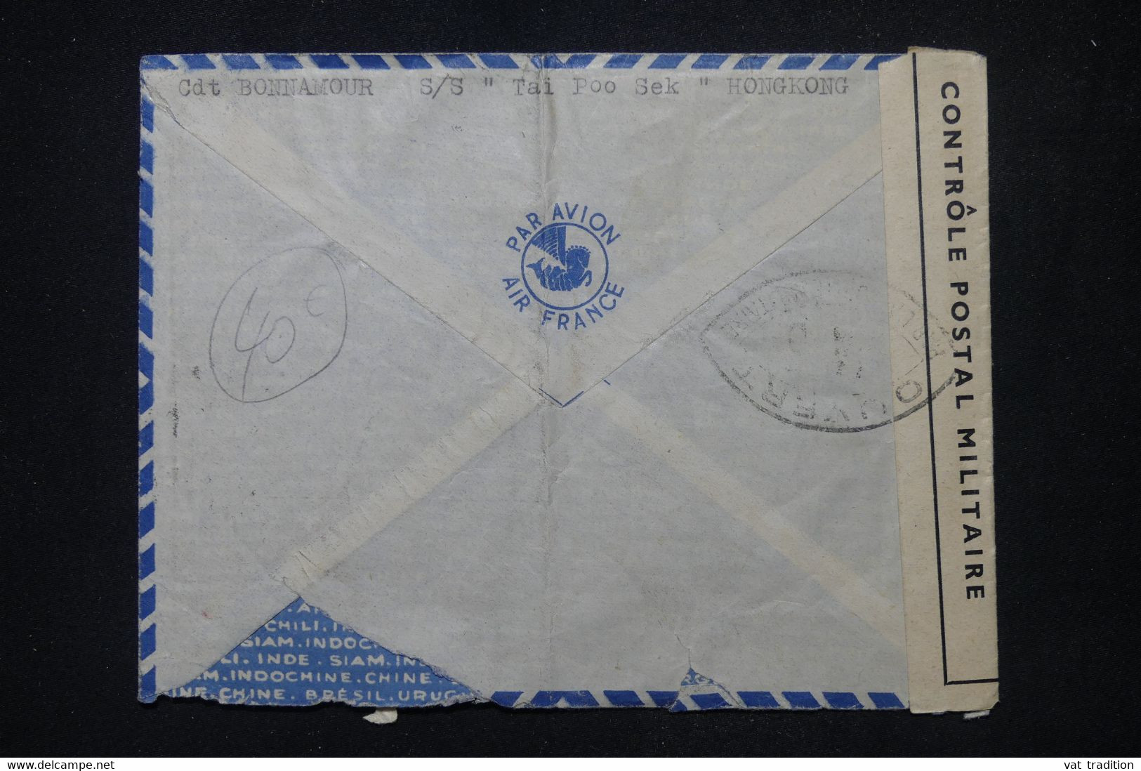 HONG KONG - Enveloppe Du Commandant Du S/S " Tai Poo Sek " Pour La France En 1939 Avec Contrôle Postal - L 103883 - Covers & Documents