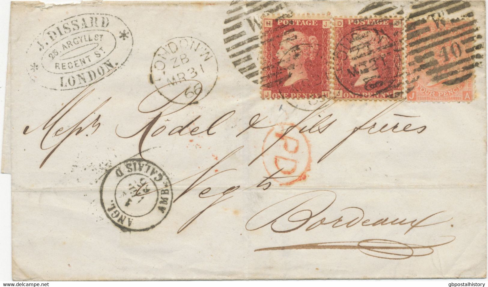 GB 1865 QV 4d Dull Vermilion Pl.7 (JA) + 2x 1d Rose-red Pl.74 (JH) And Pl.93 (JD) To BORDEAUX - Storia Postale