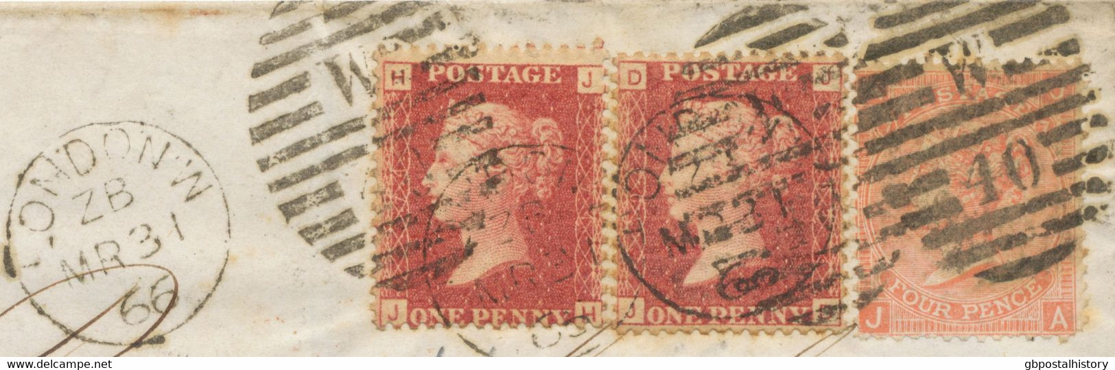 GB 1865 QV 4d Dull Vermilion Pl.7 (JA) + 2x 1d Rose-red Pl.74 (JH) And Pl.93 (JD) To BORDEAUX - Lettres & Documents