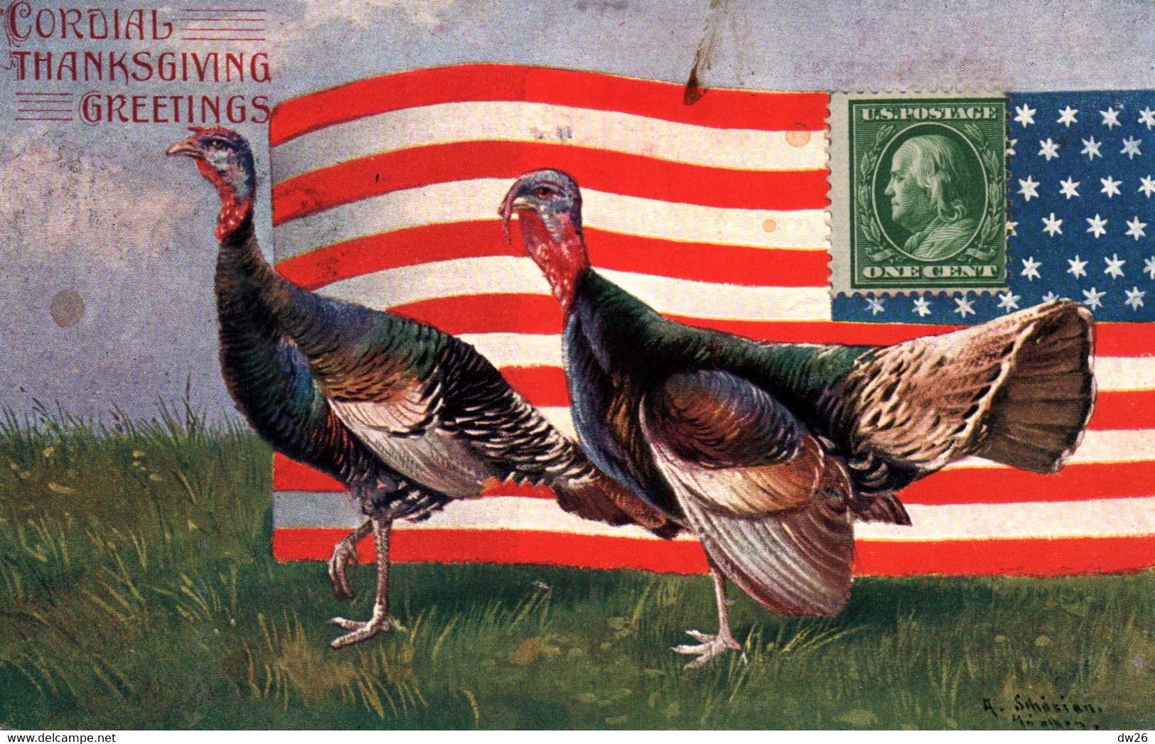 Cordial Thanksgiving Greetings - Turkeys And American Flag - Illustration Signée A. - Otros & Sin Clasificación