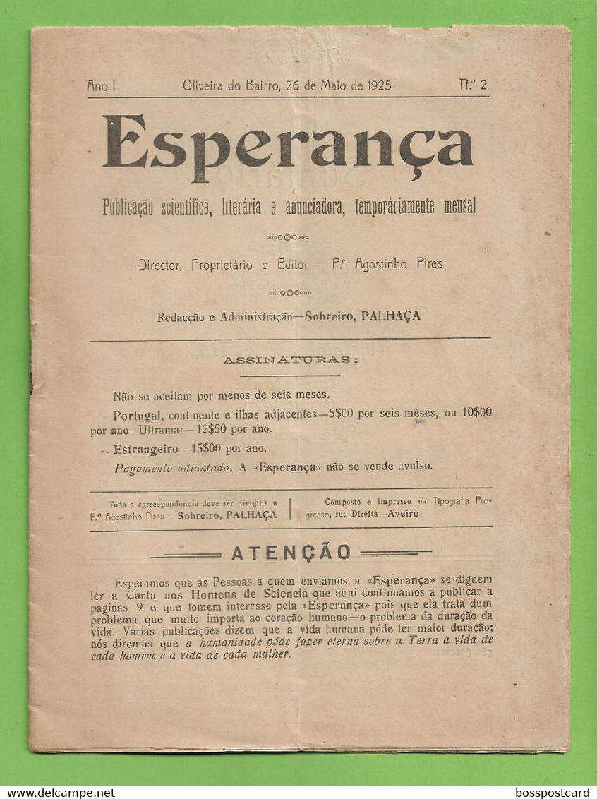 Oliveira Do Bairro - Esperança Nº 2, 26 De Maio De 1925 - Sobreira - Palhaça - Jornal - Imprensa. Aveiro. Portugal. - Informations Générales