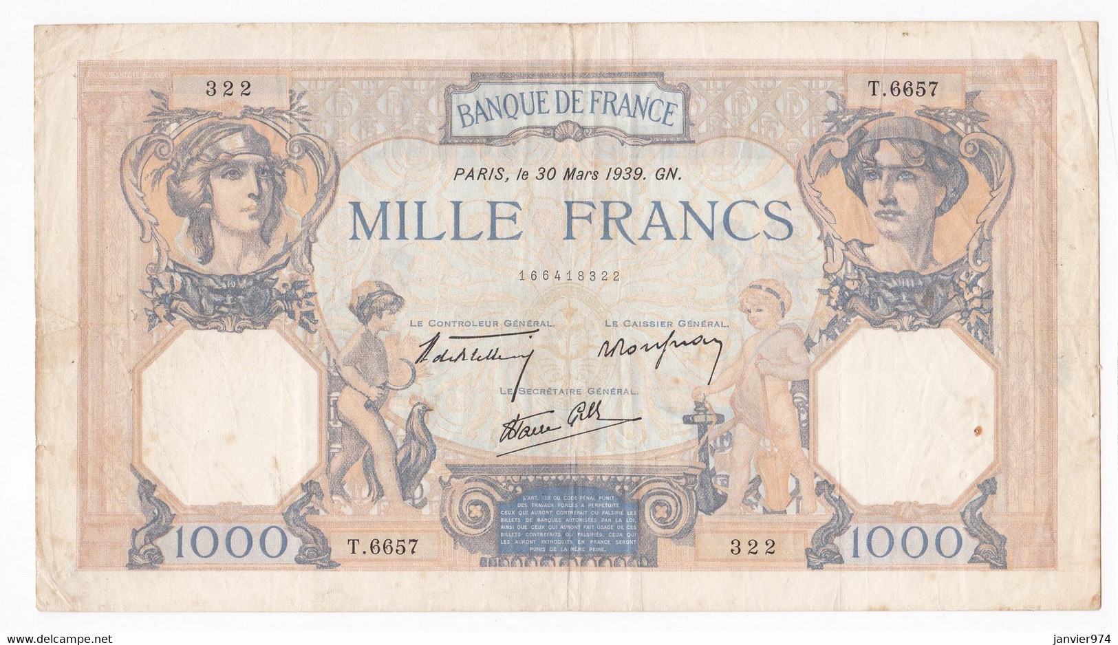 1000 Francs Cérès Et Mercure Du 30 Mars 1939 Alphabet : T.6657 N° 322 - 1 000 F 1927-1940 ''Cérès E Mercure''