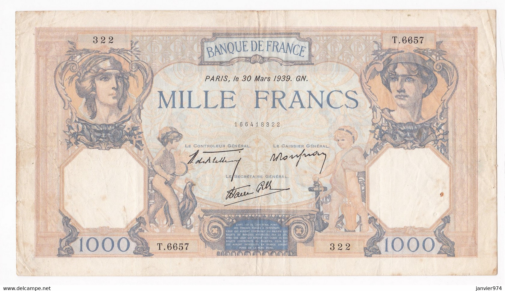 1000 Francs Cérès Et Mercure Du 30 Mars 1939 Alphabet : T.6657 N° 322 - 1 000 F 1927-1940 ''Cérès Et Mercure''