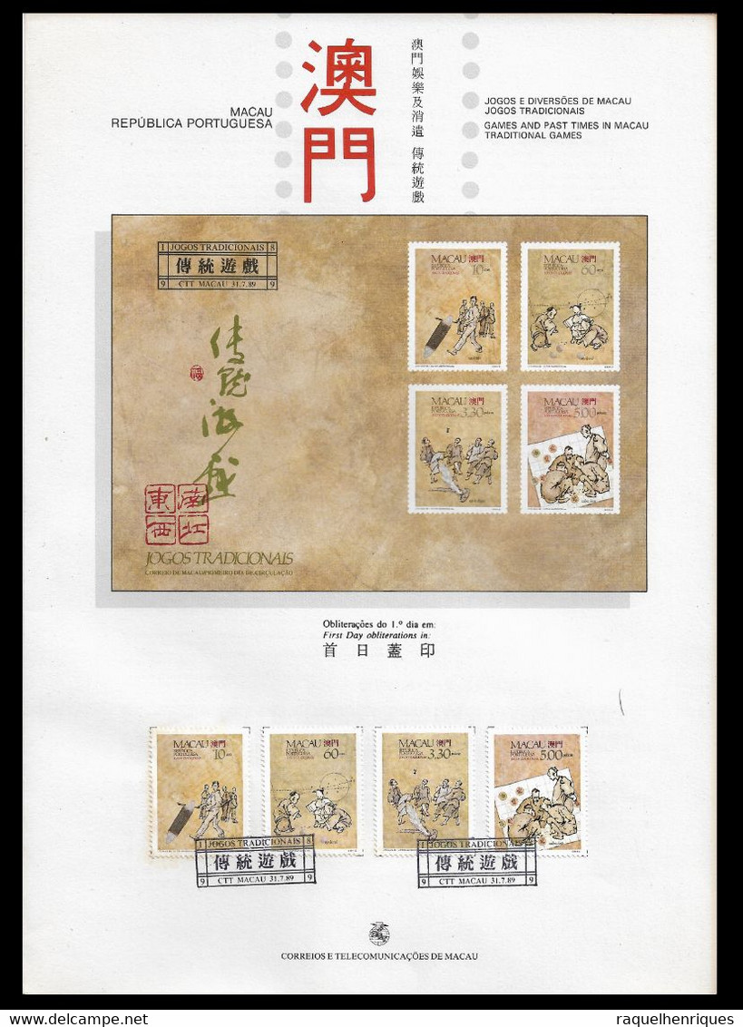 MACAU PRESENTATION SHEET FIRST DAY OBLITERATIONS - PAGELA CARIMBO 1º DIA 1989 Traditional Games (STB7) - Cartas & Documentos