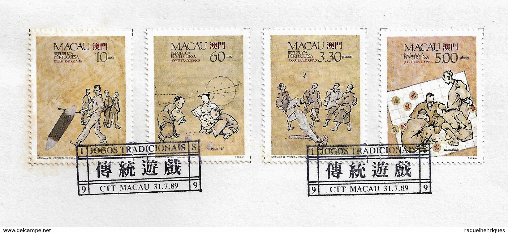 MACAU PRESENTATION SHEET FIRST DAY OBLITERATIONS - PAGELA CARIMBO 1º DIA 1989 Traditional Games (STB7) - Storia Postale