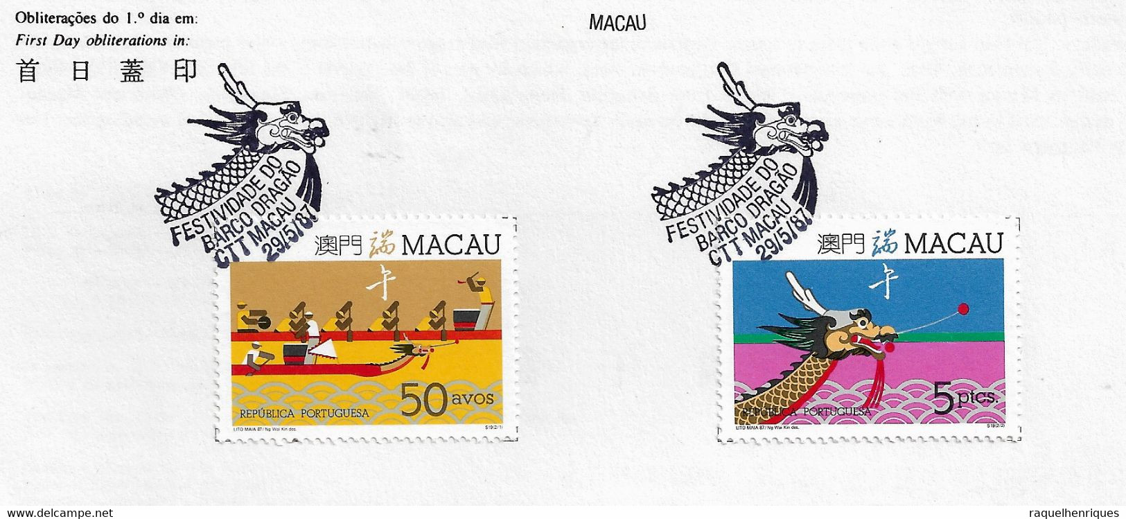 MACAU PRESENTATION SHEET FIRST DAY OBLITERATIONS - PAGELA CARIMBO 1º DIA 1987 Dragon Boat Festival (STB7) - Briefe U. Dokumente