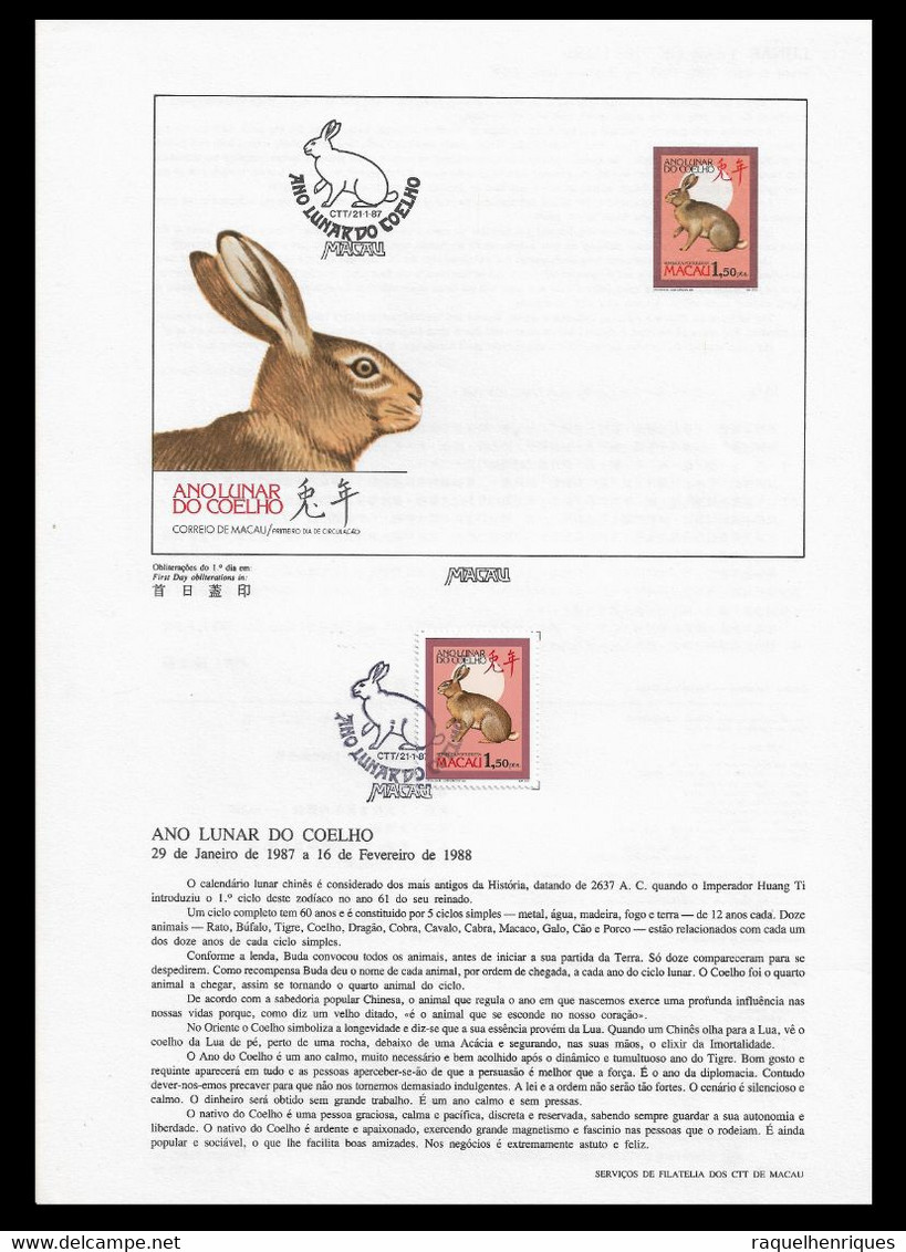 MACAU PRESENTATION SHEET FIRST DAY OBLITERATIONS - PAGELA CARIMBO 1º DIA 1987 Year Of The Rabbit (STB7) - Storia Postale