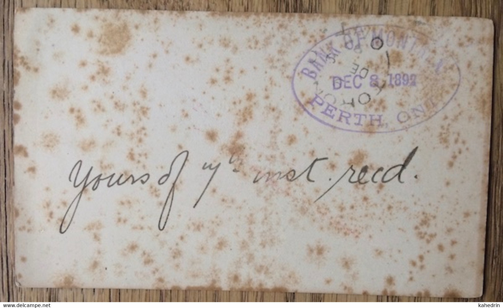 Canada ~ 1892, Old Post Card, Postal Stationery, Perth > Toronto, Bank Of Montreal - Perth