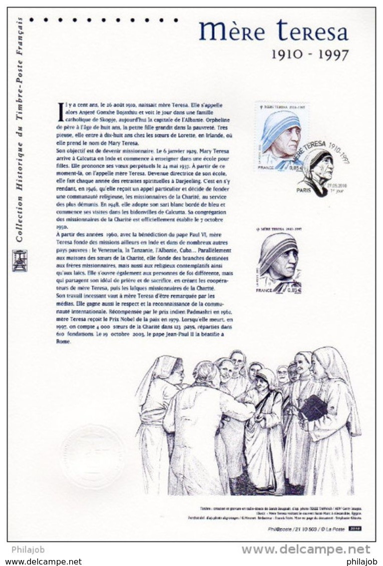" MERE TERESA " Sur Document Philatélique Officiel 1°Jour De 2010. N° YT 4455. DPO (Prix à La Poste = 5 €) - Mère Teresa