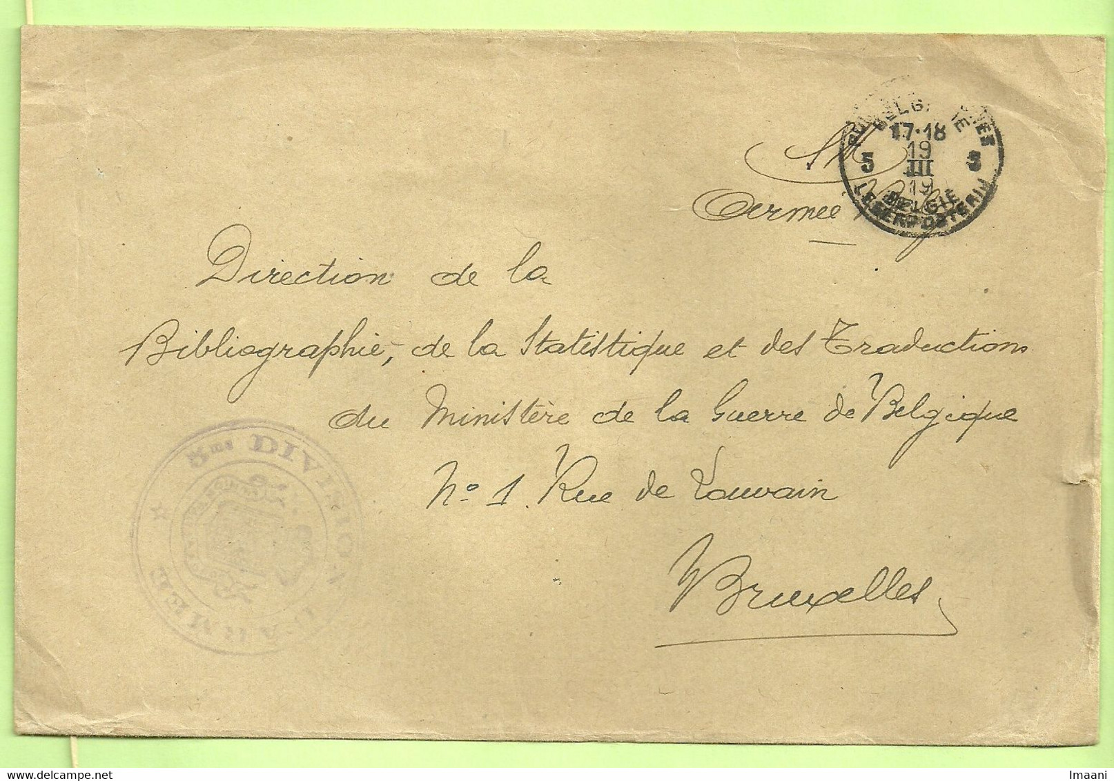 Brief Stempel PMB 5 Op 19/3/19 Naar "Bibliografhie De La Statistique Et Des Transactions..."   (B5635 - Storia Postale