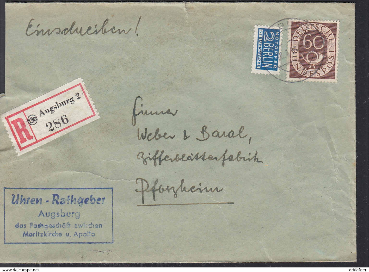 BRD 135 EF, Auf R-Brief Nach Pforzheim, Gestempelt: Augsburg 16.1.1954 - Lettres & Documents