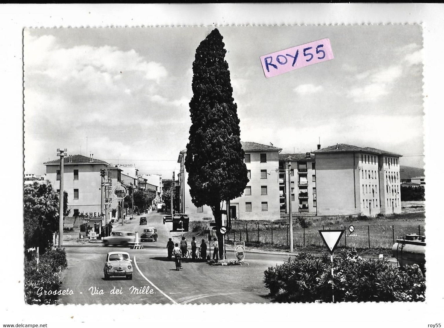 Toscana-grosseto Via Dei Mille Veduta Bivio Auto Epoca Gente Case Benzinaio Shell Animatissima - Grosseto