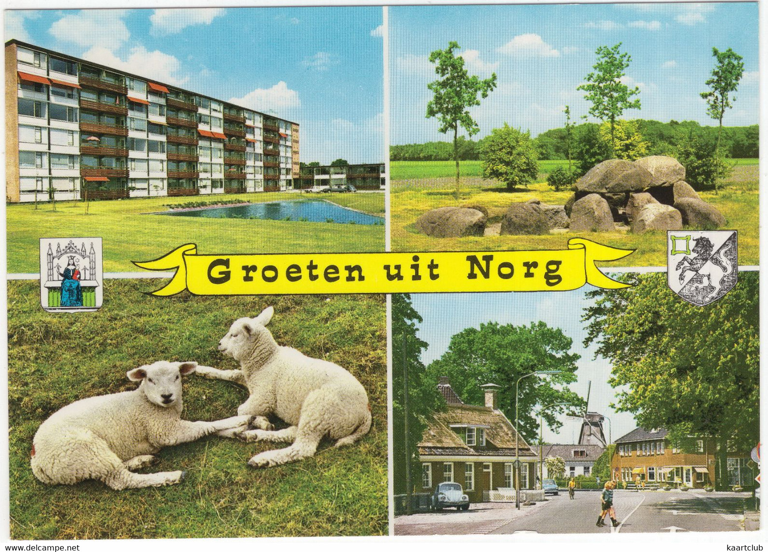 Groeten Uit Norg (Dr.) - Meent, Hunebed, Lammeren, Molen Met VW 1200 KEVER - (Nederland/Holland) - L 1590 - Norg