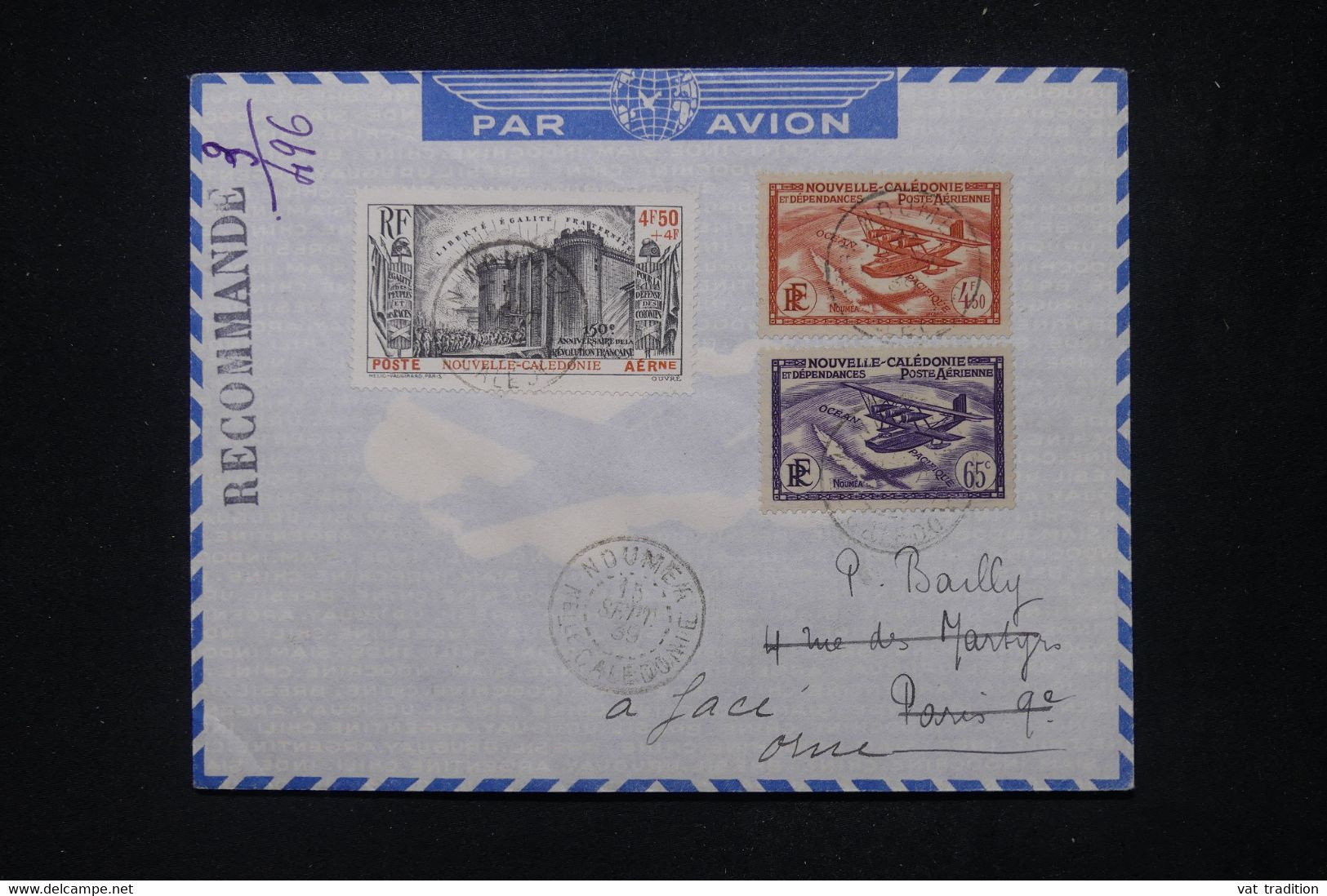 NOUVELLE CALÉDONIE - Révolution + PA Sur Enveloppe En Recommandé De Nouméa Pour La France En 1939 - L 103895 - Storia Postale