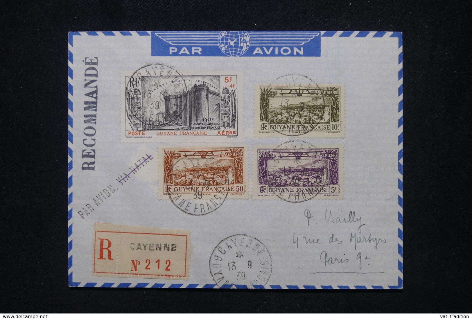 GUYANE - Révolution ( PA ) + PA Sur Enveloppe En Recommandé De Cayenne Pour Paris En 1939 - L 103904 - Brieven En Documenten