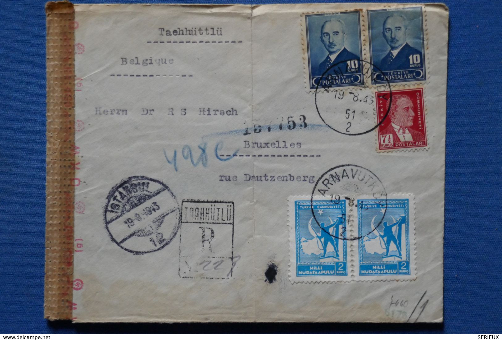 Z4  TURQUIE  BELLE LETTRE RECOM. CENSUREE 1943   POUR BRUXELLES  BELGIQUE + + AFFRANCHI.  INTERESSANT - Lettres & Documents