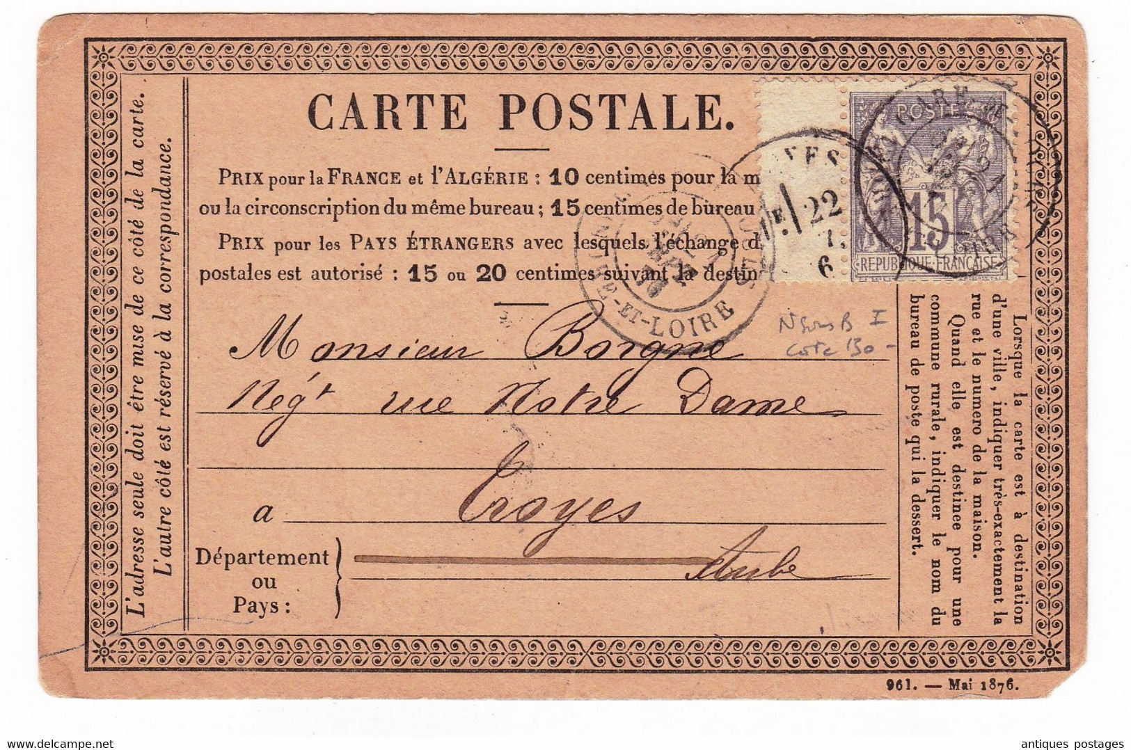 Carte Postale 1876 Tours Indre Et Loire Timbre Sage Type I Troyes Aube - 1876-1878 Sage (Type I)