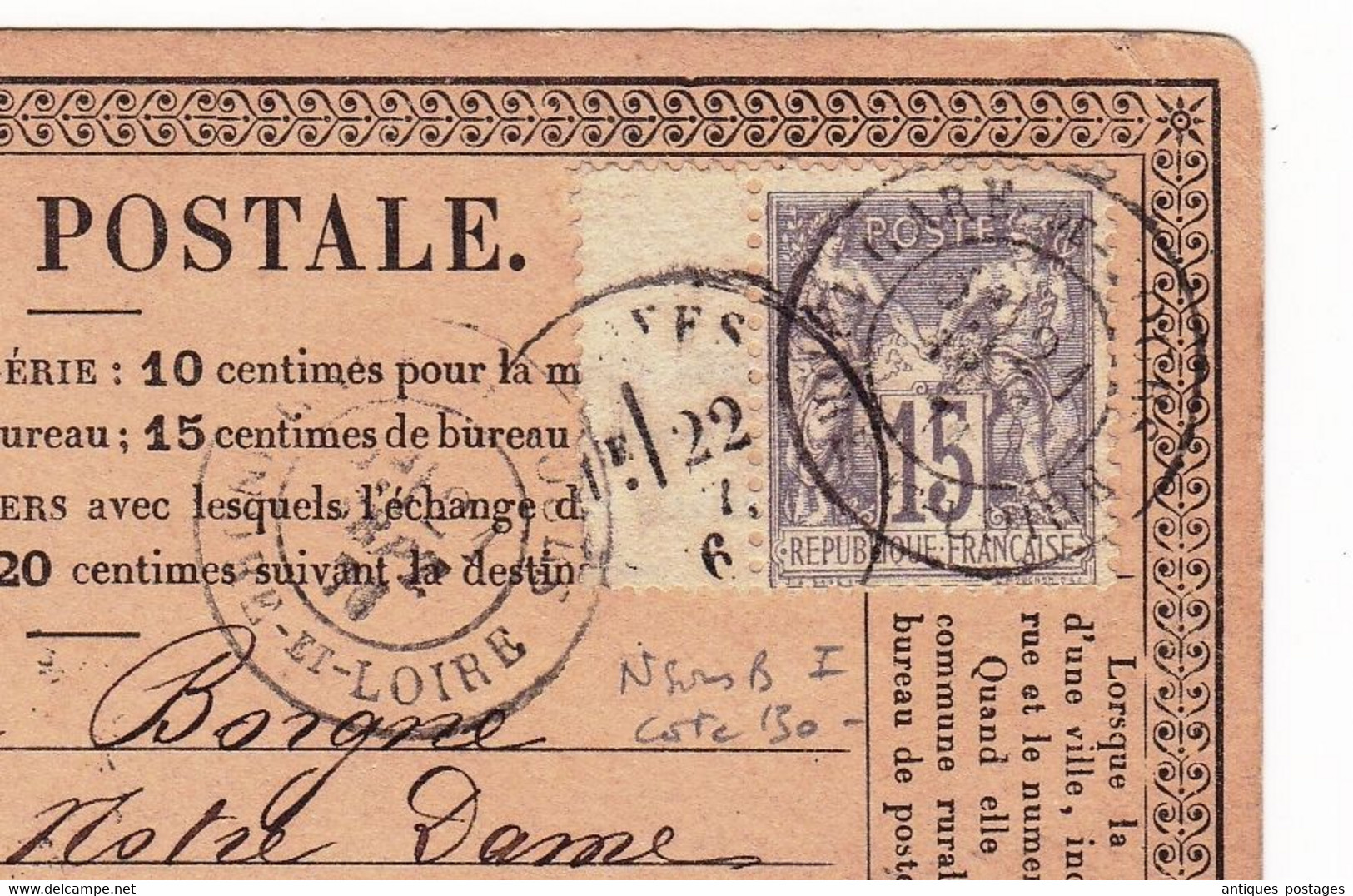 Carte Postale 1876 Tours Indre Et Loire Timbre Sage Type I Troyes Aube - 1876-1878 Sage (Type I)