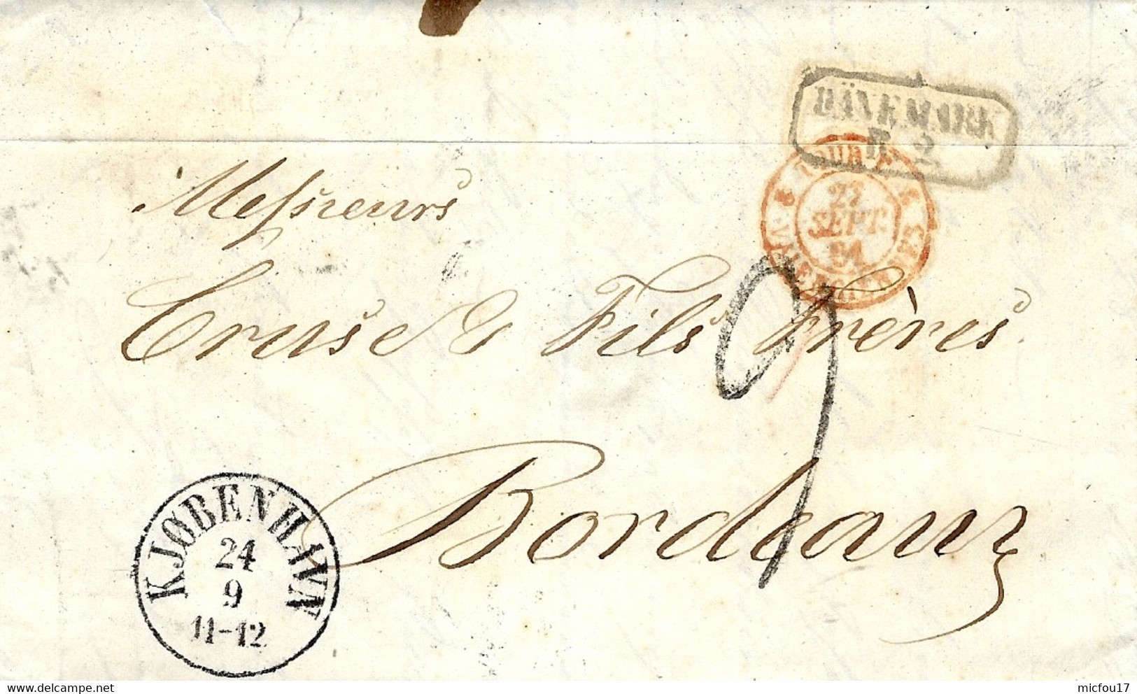 1861 - Letter From KJOBENHAVN   To Bordeaux  - DANEMARK / R.2  Framed -rating 9 D.  Entrée TOUR.T - Storia Postale