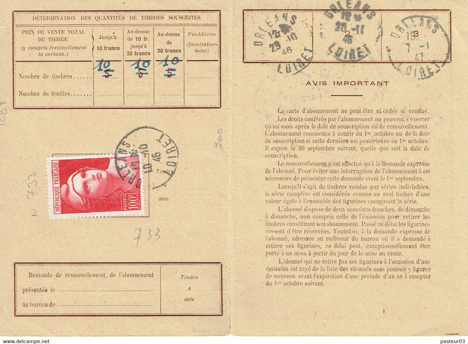 733 Marianne Gandon 100 F Rouge Sur Carte Abonnement Aux Timbres Poste - Brieven En Documenten