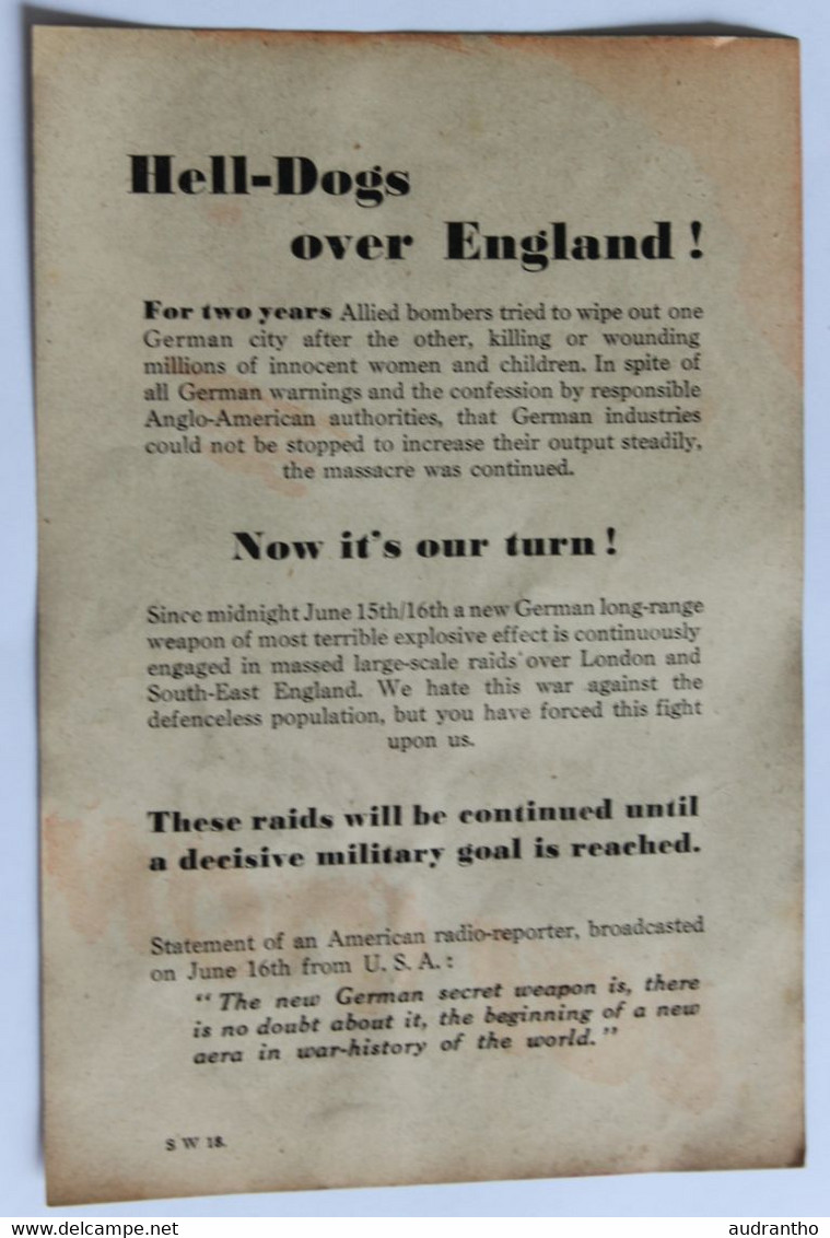 Tract Allemand De Propagande WW2 Guerre 39-45 Hell Dogs Over England Berlin And Now London Nazi War Propaganda - 1939-45