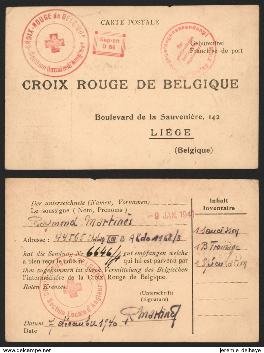 Guerre 40-45 - CP "croix Rouge De Belgique / Section Local D'Angleur" En Provenance Du Stalag XIII B + Gepruft D56 - WW II (Covers & Documents)