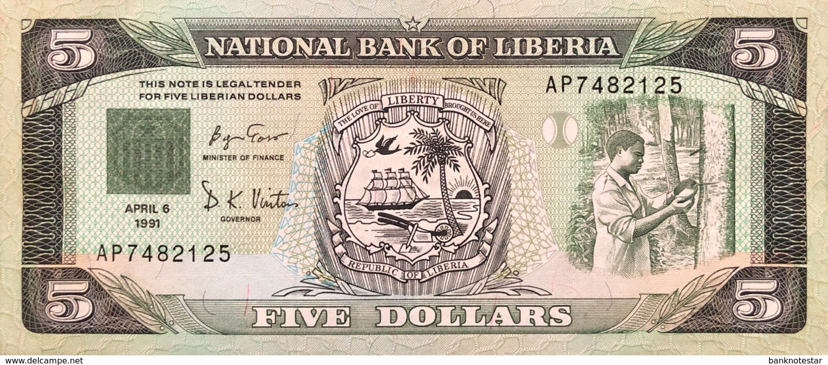 Liberia 5 Dollars, P-20 (6.4.1991) - AU - Liberia